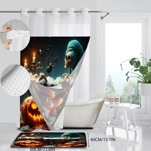 Detailed view of Halloween shower curtain and floor mat with pumpkin and skull patterns