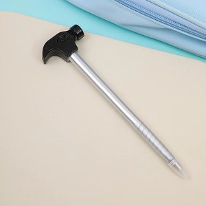 Creative hammer-shaped ballpoint pen with detailed silver body and black tool head