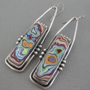 Vintage geometric drop earrings with colorful marble texture in silver frame