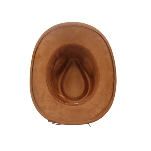 Detail view of the brown felt cowboy hat interior with sweatband and adjustable drawstring