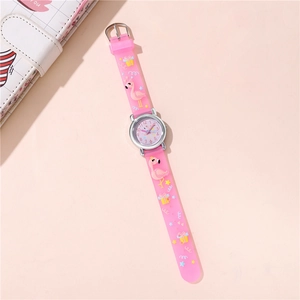 Detailed macro view of pink kids watch band with cute flamingo and gift box patterns