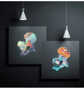 Detail of Afro-style woman and child silhouette wall art with colorful abstract patterns