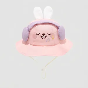 Pink kids fisherman hat with bunny ears and 3D headphone decor for spring sun protection