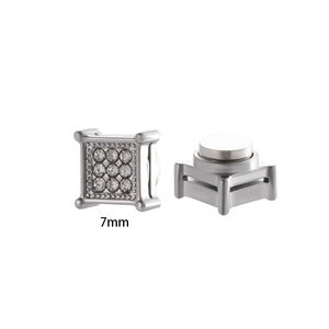 Close-up of 7mm silver magnetic square stud earrings with 3x3 crystal grid inlay