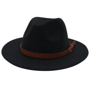 Klassischer schwarzer Fedora aus Wollfilz mit braunem Lederband und Metallschnalle