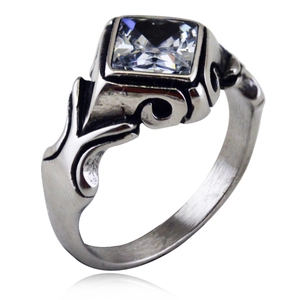 Vintage stainless steel ring featuring a large square-cut clear zircon and gothic engraving
