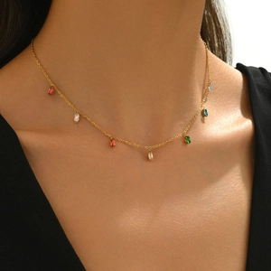 Square Colorful Zircon Pendant Necklace 14K Gold Plated Titanium Steel Dainty Clavicle Chain Jewelry For Women