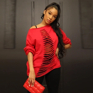 Women's chic red hollow-out long sleeve sweatshirt featuring street style cutout details