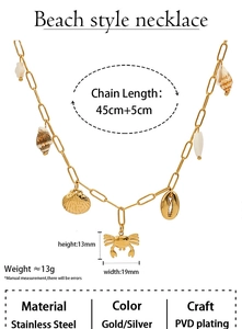 Detail view of beach style necklace featuring crab pendant and natural shell size specs