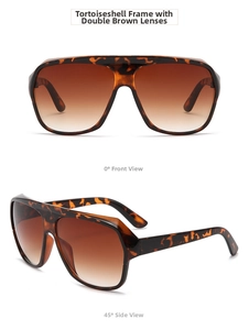 Detail view of tortoiseshell oversized sunglasses with brown gradient lenses on white backdrop