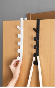 Vertical 5-hook over-the-door rack in black and white finish for home organization