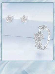 Detail of S925 sterling silver flower jewelry set with sparkling cubic zirconia pavé