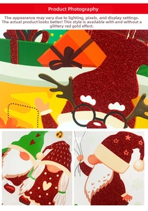Macro view of Christmas gnome window sticker with red glitter finish and gift box details