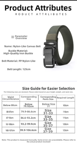 Detailed size chart for men's nylon web belt with automatic buckle and tactical strap