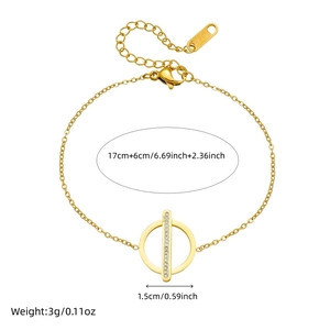Minimalist gold-plated stainless steel chain bracelet with crystal bar and circle pendant
