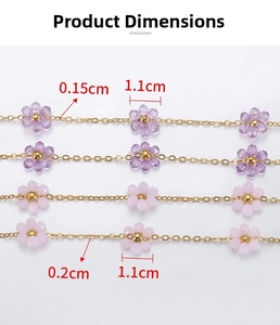 Detail view of colorful crystal flower charm beads for jewelry making with dimensions