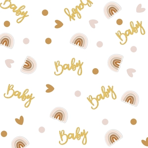 Baby shower confetti set with golden text, rainbows and hearts for table decoration