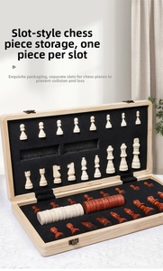 Detail view of wooden chess set with custom foam slots for organized storage