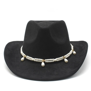 Detail of a black felt cowboy hat featuring a double-layer pearl band with gold hardware