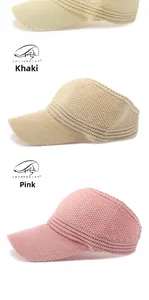 Detail of knitted sun visor hats in khaki and pink showing breathable mesh textures