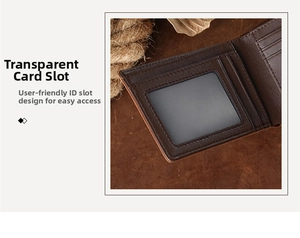 Close-up of vintage brown leather wallet with transparent ID slot and card holders