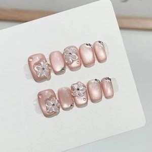 Press On Nails Pink ABS 3D Flower Rhinestone Cat Eye Effect Handmade Sweet Elegant Short Round Shape For Women