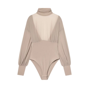 Body Da Donna A Maniche Lunghe In Mesh Patchwork Collo Alto Arricciato Sexy Trasparente Elegante Top Intero Cachi