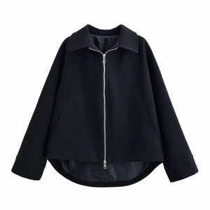 Women's chic black short woolen jacket with silver zipper and lapel collar on white background