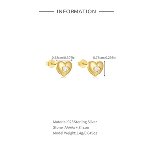 Detailed size and material info of heart stud earrings in 925 sterling silver and zircon