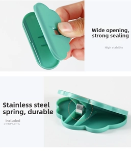 Detailed view of green cloud snack clip featuring stainless steel spring and silicone seal