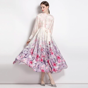 Elegant satin floral dress with stand collar and lantern sleeves shown in full body view