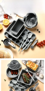 Detail of 18-piece grey silicone bakeware set including cake molds and measuring tools