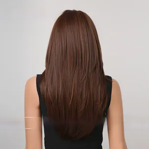 Rear view of long straight brown hair wig showing the layered V-shaped cut and texture