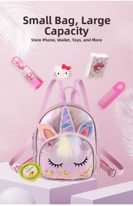 Internal view of the unicorn sequin backpack showing storage space for kids accessories