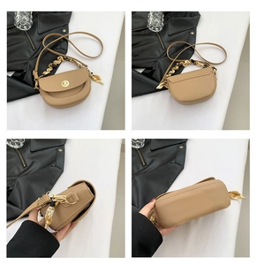 Detailed views of a brown faux leather saddle bag with gold chain and leaf pendant charm
