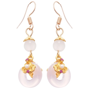 Boucles d'oreilles élégantes en calcédoine blanche avec glands dorés de style chinois