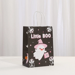 Detail of Halloween kraft gift bag featuring Little Boo print and white rope handles