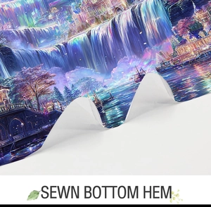 Detail of sewn bottom hem on 3D dream landscape shower curtain with vibrant purple fabric