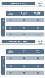 Detailed size chart for women's seamless yoga set including bra and high-waist shorts