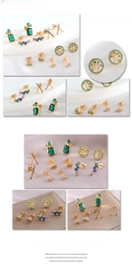 Detailed close-up of emerald-cut zircon earrings with gold plating and vintage French design