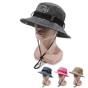 Washed cotton outdoor bucket hat with letter embroidery and adjustable windproof rope