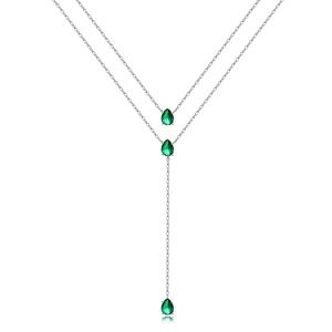 Detailed macro view of double-layered Y-necklace with green teardrop emerald pendants