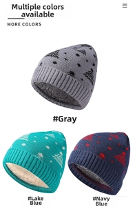Detailed view of thick fleece lining and Christmas tree patterns on knit beanies