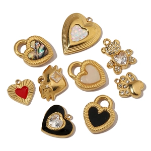 Golden panda paw and heart lock pendants with zircon and shell inlay for DIY jewelry