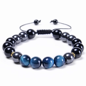 Bracelet Perles Homme Oeil De Tigre Bleu Agate Noire Hématite Pierre Naturelle Réglable Bijoux Tissés Main