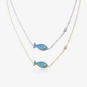S925 Sterling Silver Blue Fish Enamel Pendant Necklace For Women Animal Choker With Rhinestone Accent Fashion Jewelry Gift