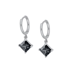 Macro shot of S925 silver hoop earrings with a square-cut black zircon pendant drop