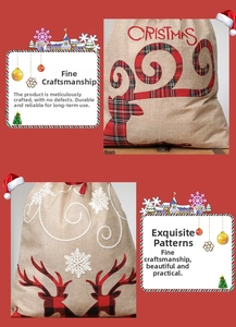 Detail of burlap Christmas gift bag with reindeer embroidery and festive drawstring