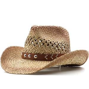 Vintage Cowboy Straw Hat Wide Brim Breathable Hollow Out With Faux Leather Band Metal Rivets Sun Protection Western Style
