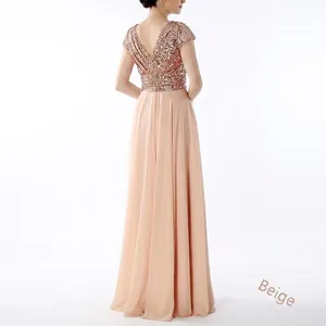 Elegant beige sleeveless dress with V-neck sequins and a flowing chiffon pleated skirt